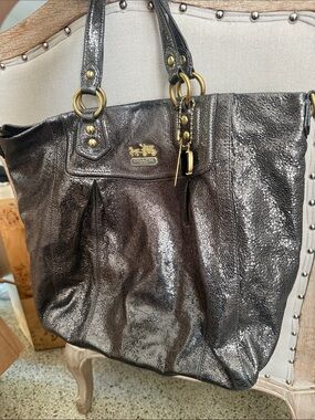 Coach Metallic Black Leather Tote with Gold-Tone Accents